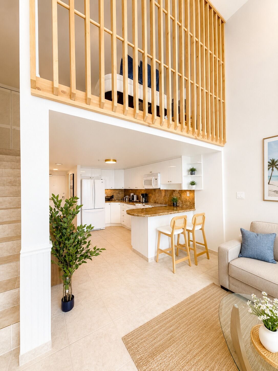 Een moderne keuken met witte kastjes, een centraal eiland en barstoelen.