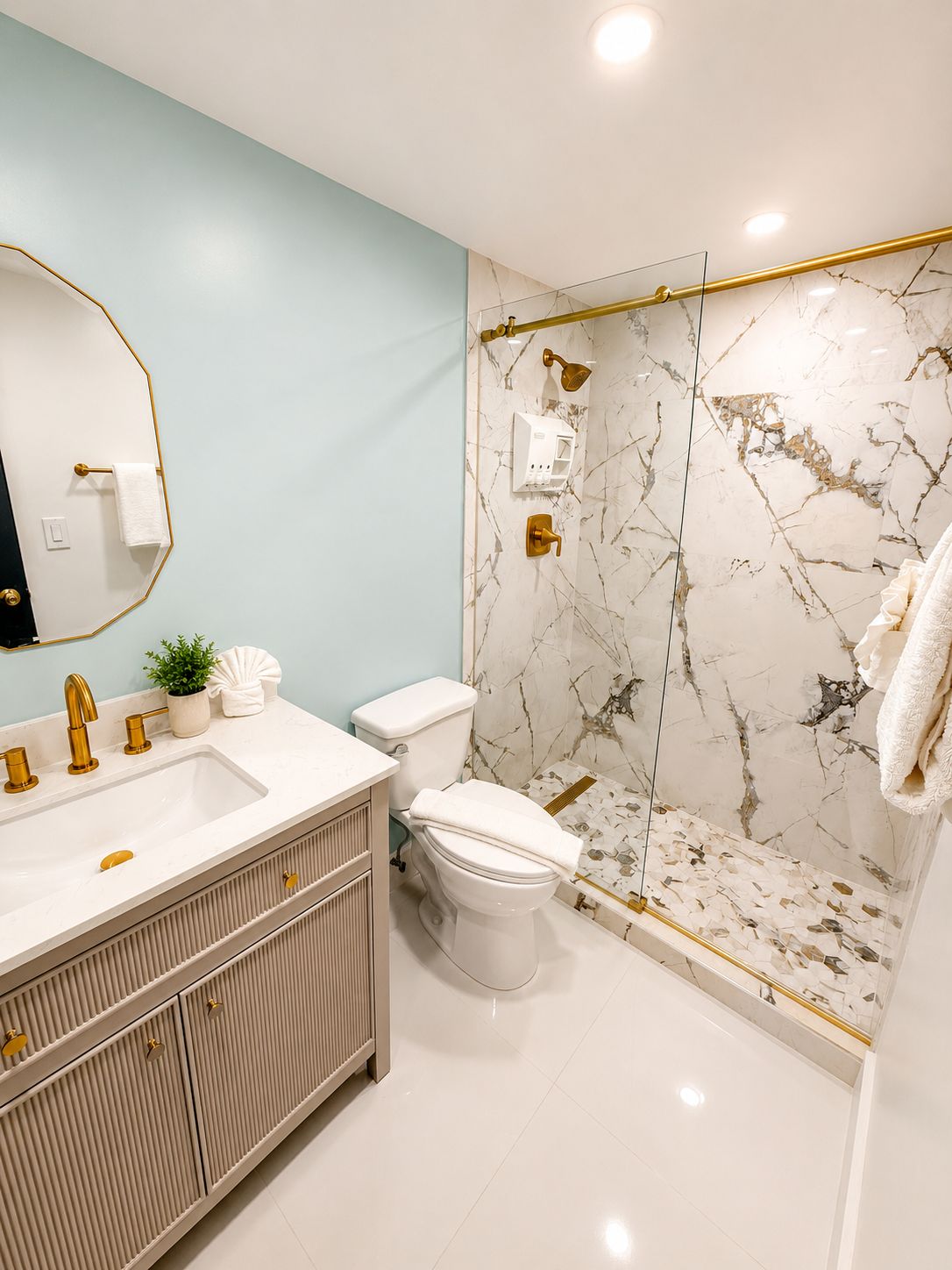 A bathroom with a white sink, gold fixtures, a toilet, and a marble shower wall.
