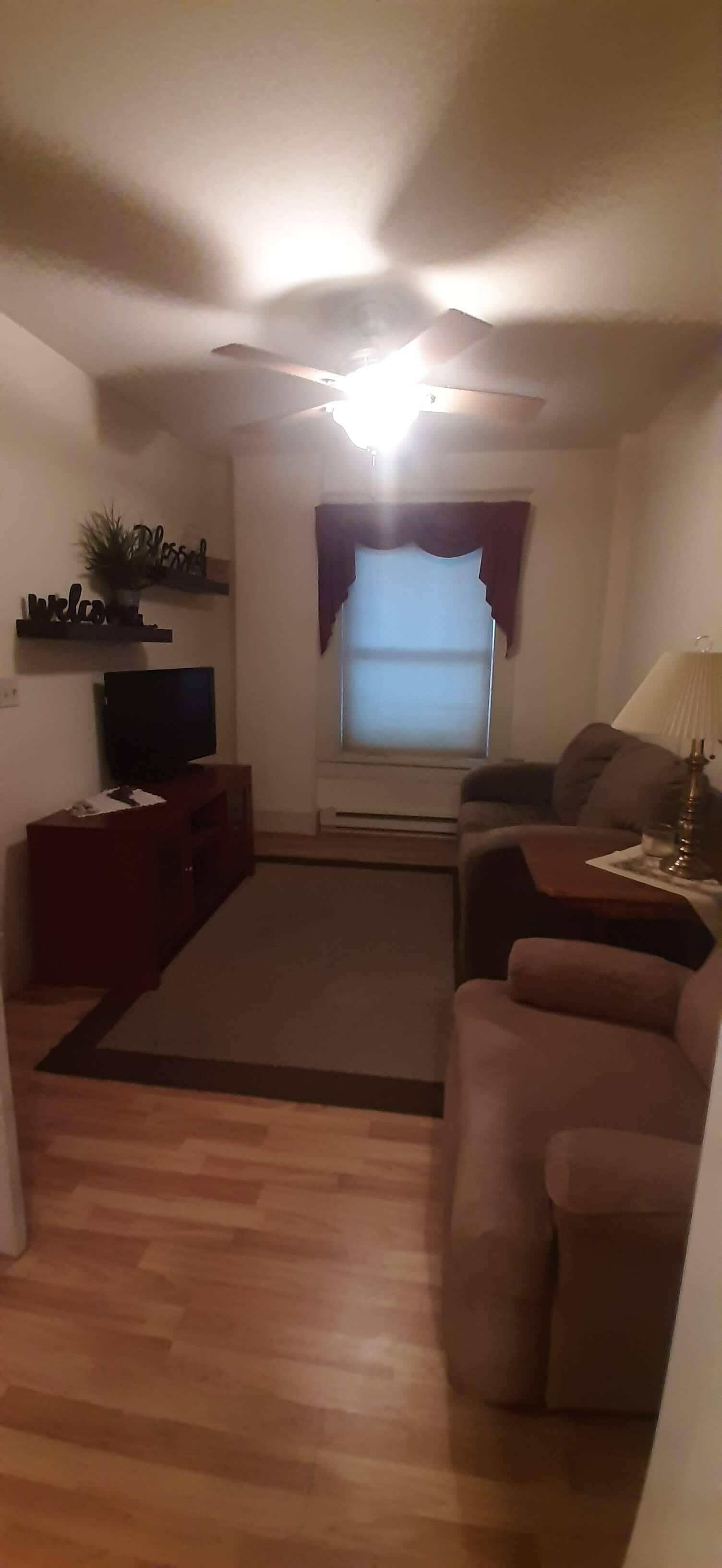 Een woonkamer met plafondventilator, een televisie, een bank, een lamp en een raam met gordijnen.