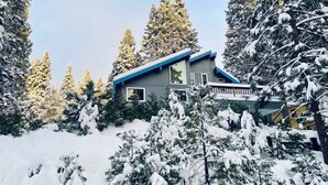 A cabin surrounded by snow-covered trees. - Cheerful, spacious family cabin ready for fun! (Shaver Lake)