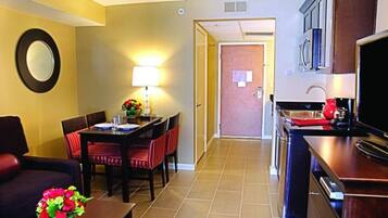 Fridge, microwave, coffee/tea maker, toaster