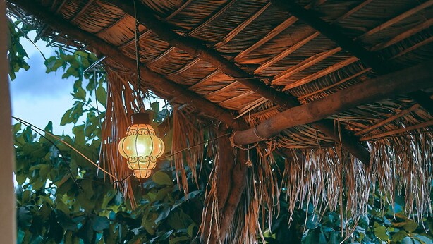 A wooden deck with a thatched roof, a hammock, and a table with chairs.