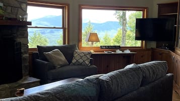 Smart TV, fireplace, books, video library