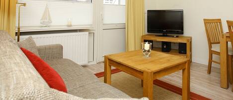 A furnished living room with a sofa, a wooden coffee table, a television on a stand, and a window with curtains.