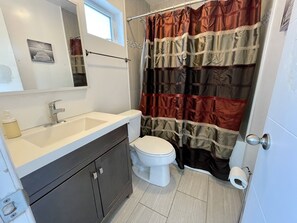 Baignoire, sèche-cheveux, serviettes fournies, savon