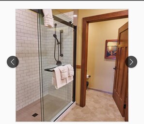 Combined shower/tub, jetted tub, hair dryer, towels