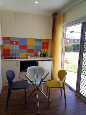 Fridge, microwave, coffee/tea maker, electric kettle