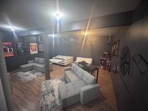 Smart TV, fireplace, video games, DVD player
