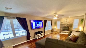 Smart TV, fireplace, video games, DVD player