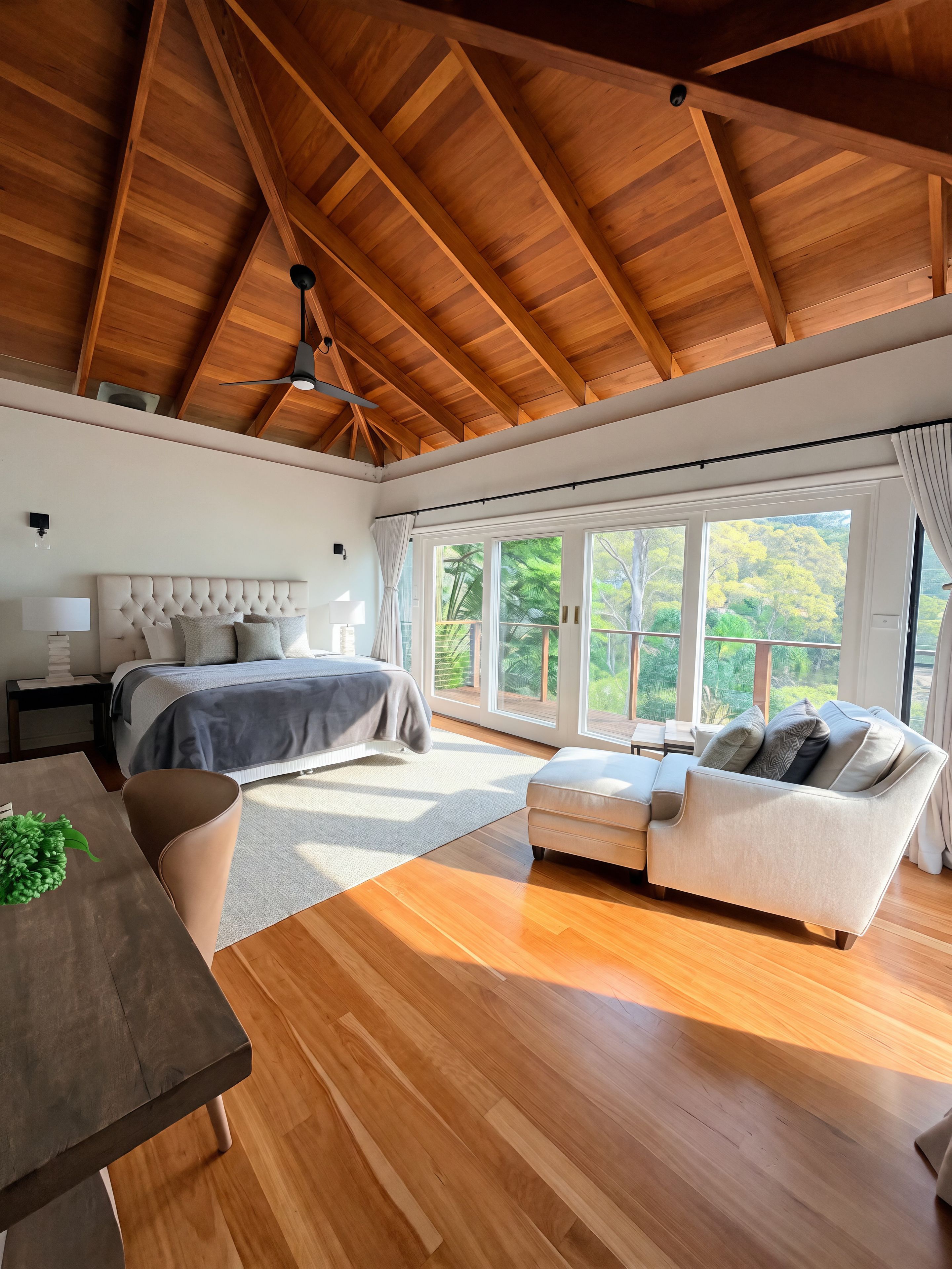 A spacious room with a high ceiling, a bed, a sofa, a dining table, and a view of greenery through large windows.