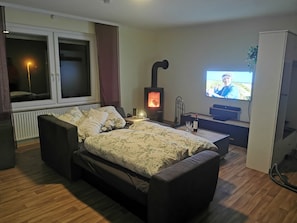 Smart TV, fireplace, DVD player