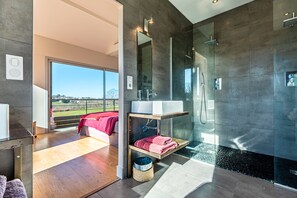 Shower, hair dryer, towels, toilet paper