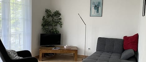 A living room with a grey sofa, a black chair, a wooden coffee table, a TV, and a plant.