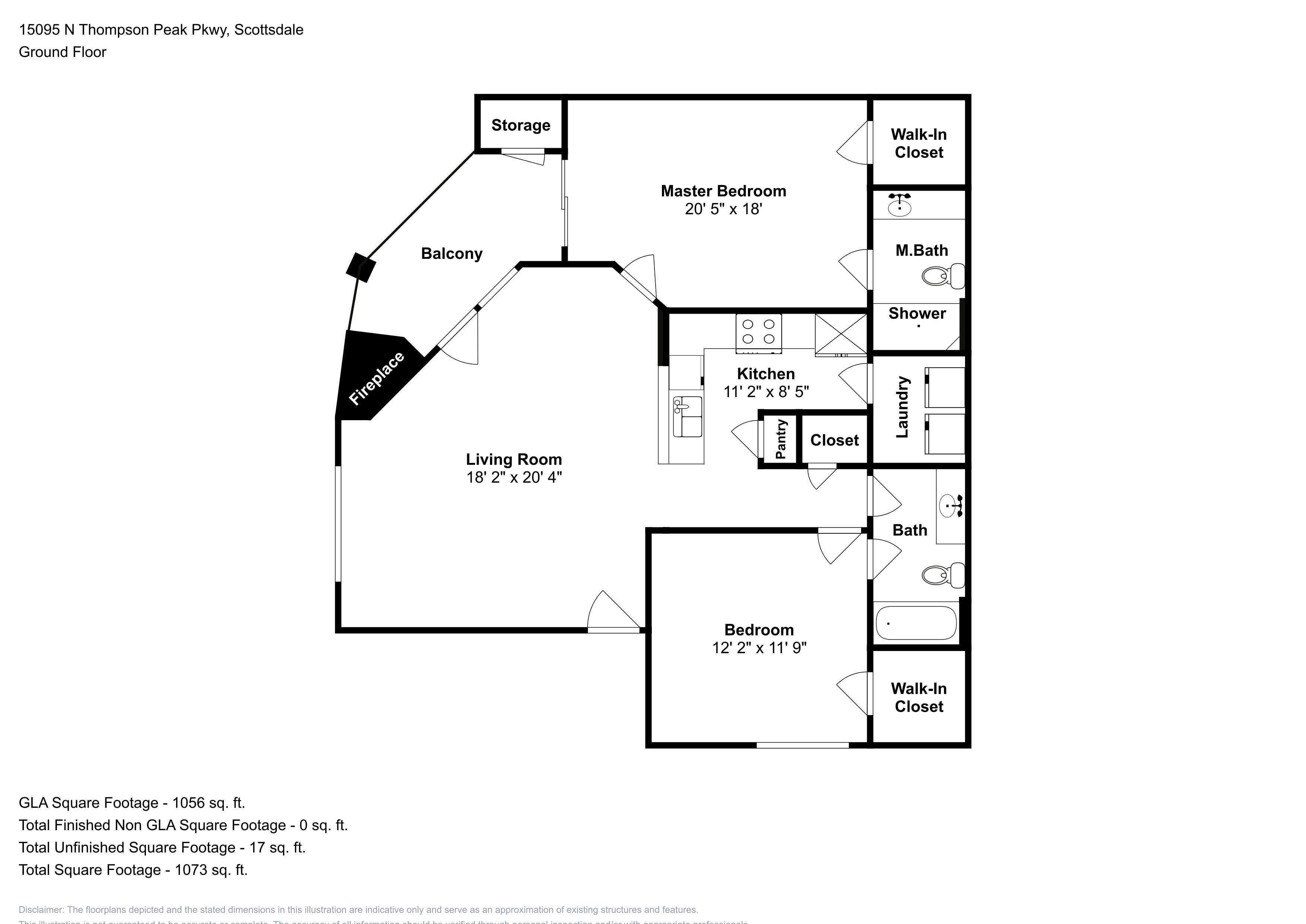 A floor plan of a ground floor apartment at 15095 N Thompson Peak Pkwy, Scottsdale. It includes a living room, master bedroom, kitchen, two bathrooms, a balcony, and a storage area.