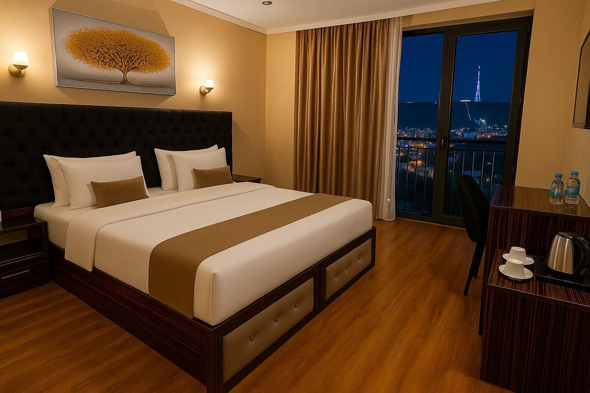 Habitación de hotel con una cama grande, una mesita de noche, un escritorio con una silla, vistas de la ciudad iluminada por la noche y un cuadro en la pared.