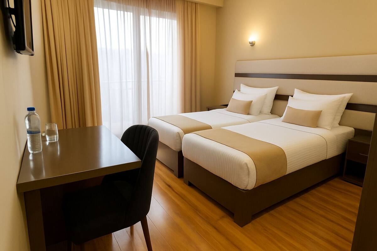 Una habitación de hotel con dos camas, un escritorio y una silla.