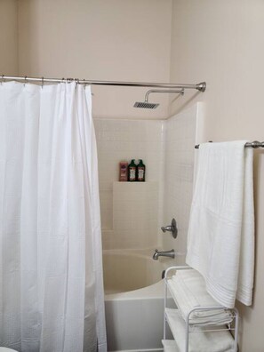 Combined shower/bathtub, hair dryer, towels