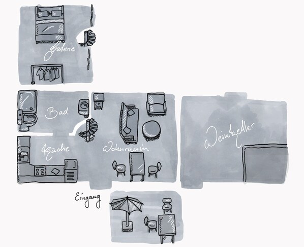 A hotel layout with a garden, bathroom, kitchen, dining area, and a living room. - Studio (Luz)