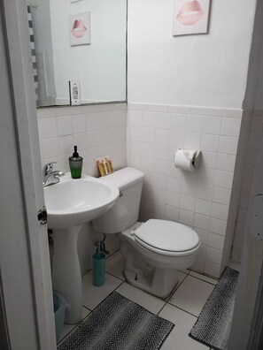 Duschwanne, Haartrockner, Handtücher, Toilettenpapier