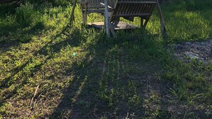 A wooden swing set in a wooded area with a bench.