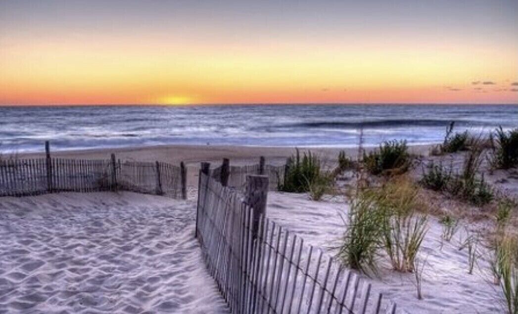 A beach with a wooden fence and sand dunes.