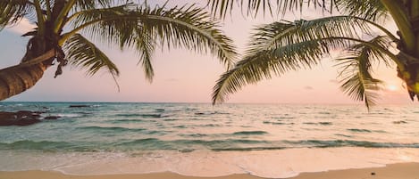 On the beach, sun-loungers, beach towels