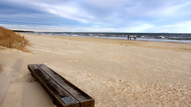 A beach with a wooden bench and footprints in the sand. - Strandnest holiday apartment (Karlshagen)