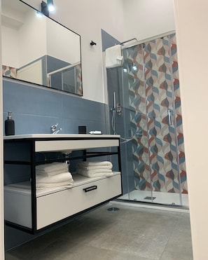 Shower, hair dryer, bidet, towels