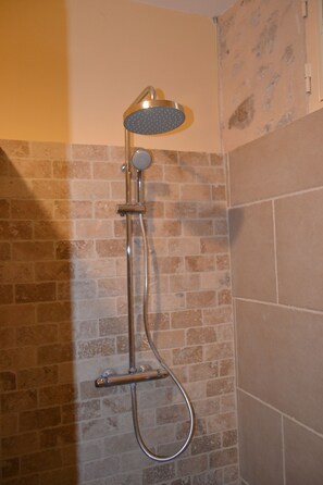Shower, hair dryer, towels, toilet paper