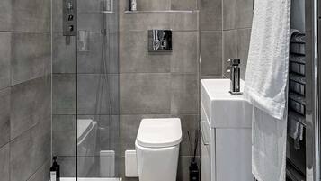 Combined shower/tub, hair dryer, towels