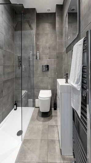 Combined shower/tub, hair dryer, towels