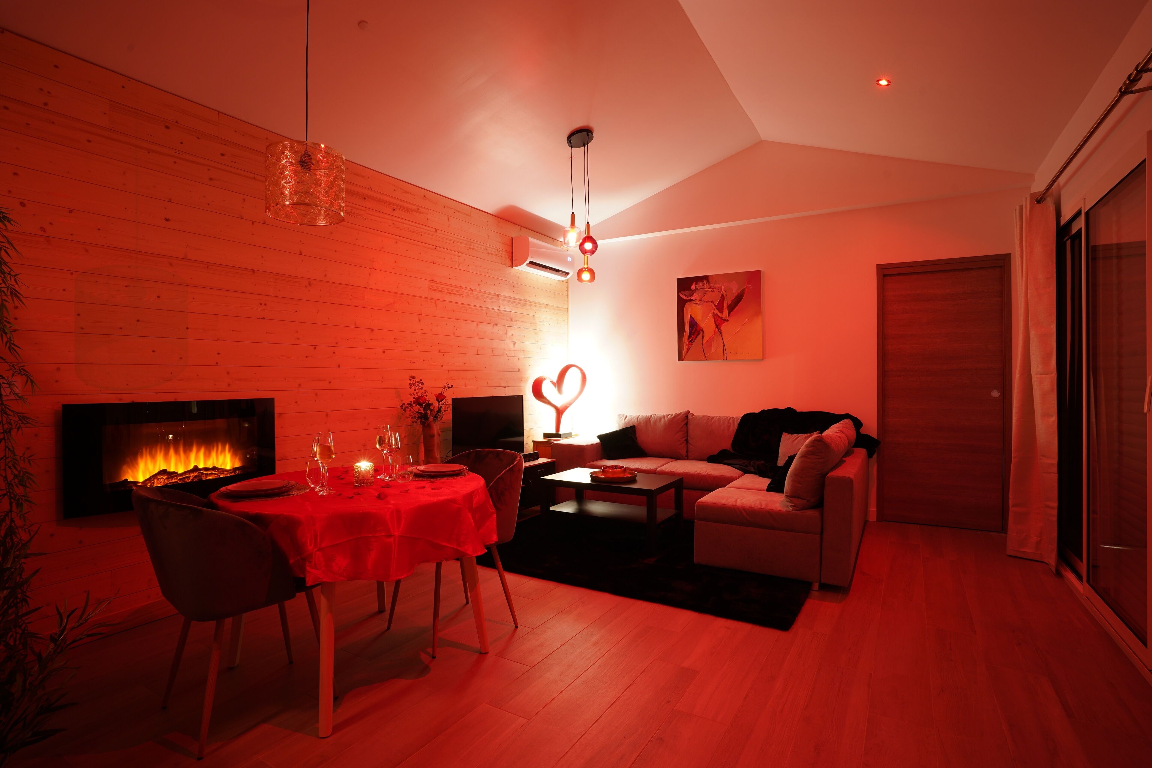 Smart TV, fireplace, books