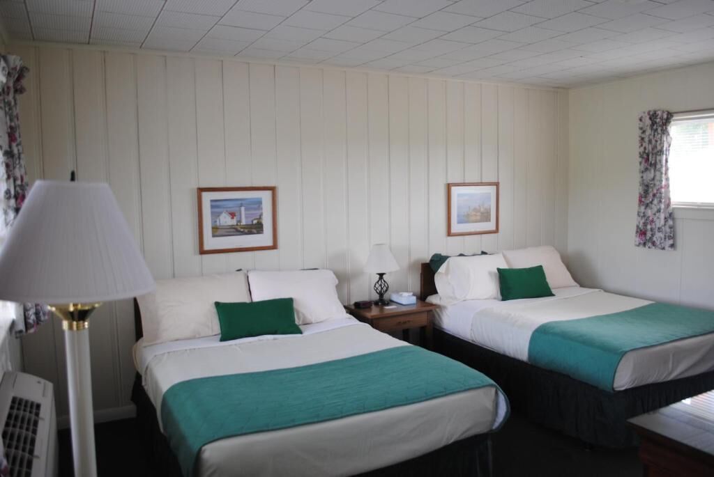 Habitación de hotel con dos camas, cada una con ropa de cama blanca y almohadones verdes. En la pared hay cuadros enmarcados, un escritorio con una lámpara y una ventana con cortinas florales.