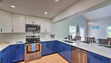 A modern kitchen with white upper cabinets, blue lower cabinets, stainless steel appliances, and a wooden floor.