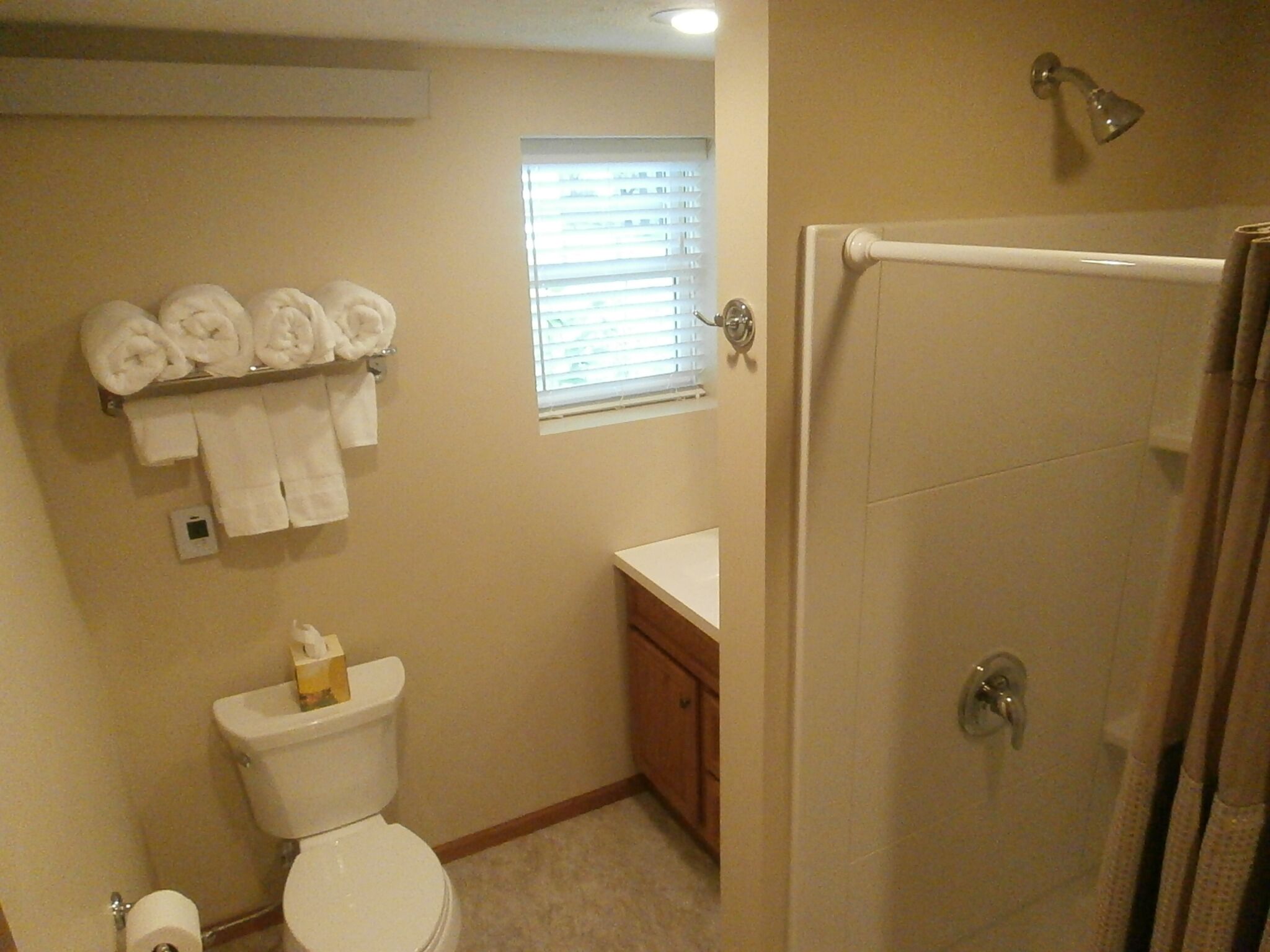 Bathtub, hair dryer, towels, soap