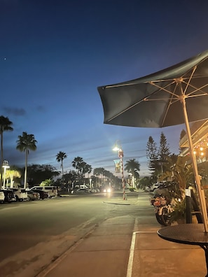 A street scene at dusk with parked cars, palm trees, and street lamps.