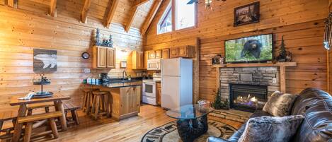 Smart TV, fireplace, DVD player