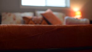 Primer plano de un sofá con un cojín en una habitación bien iluminada.