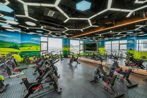 A gym with stationary bikes arranged in rows, large windows, and a mural on the wall. - Grand Skylight Hotel (Weinan)