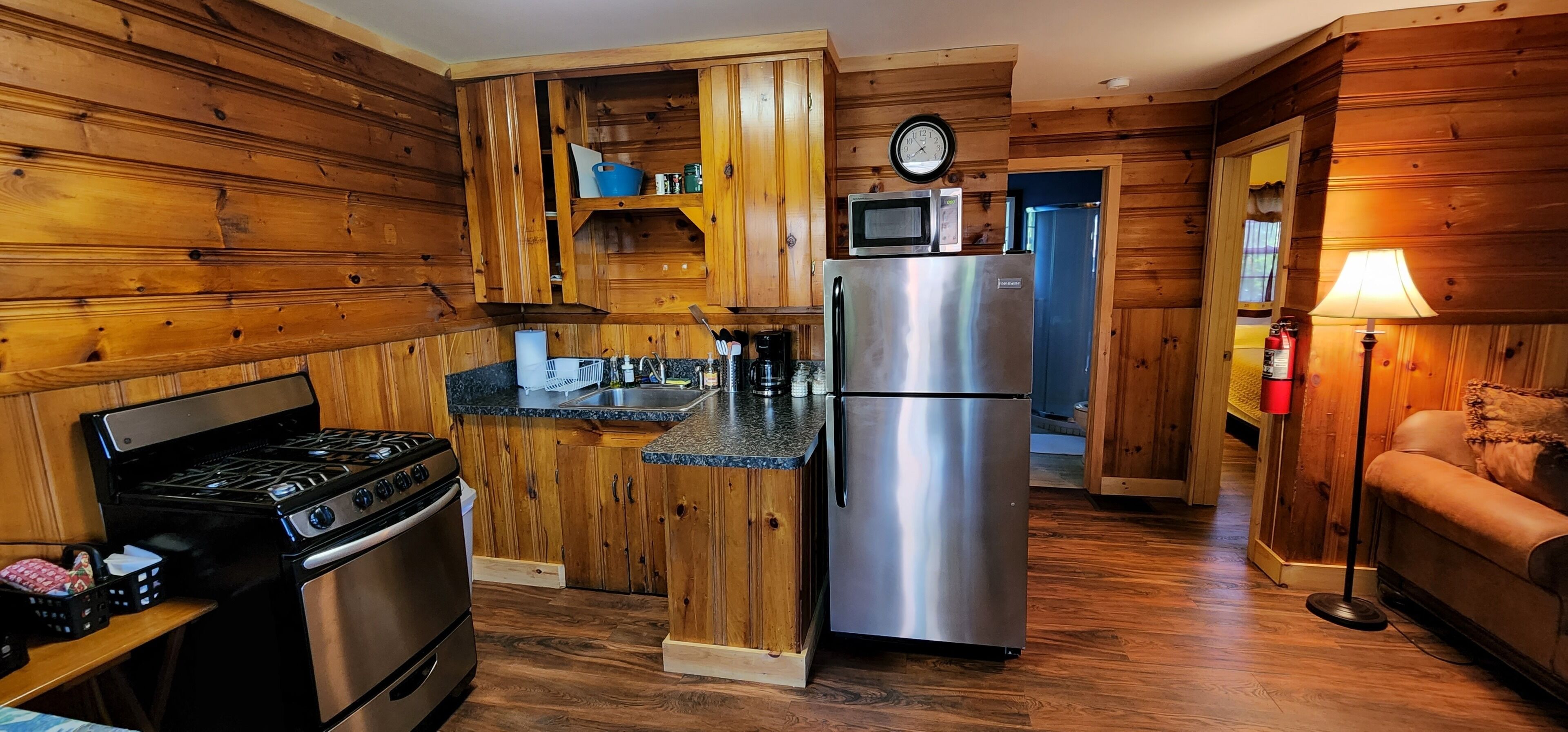 Fridge, microwave, coffee/tea maker, toaster