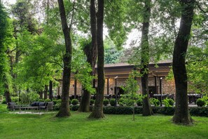 Un patio con zona de comedor, rodeado de árboles y follaje.