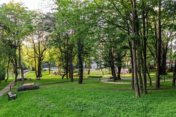 A park with trees, benches, and a pathway.