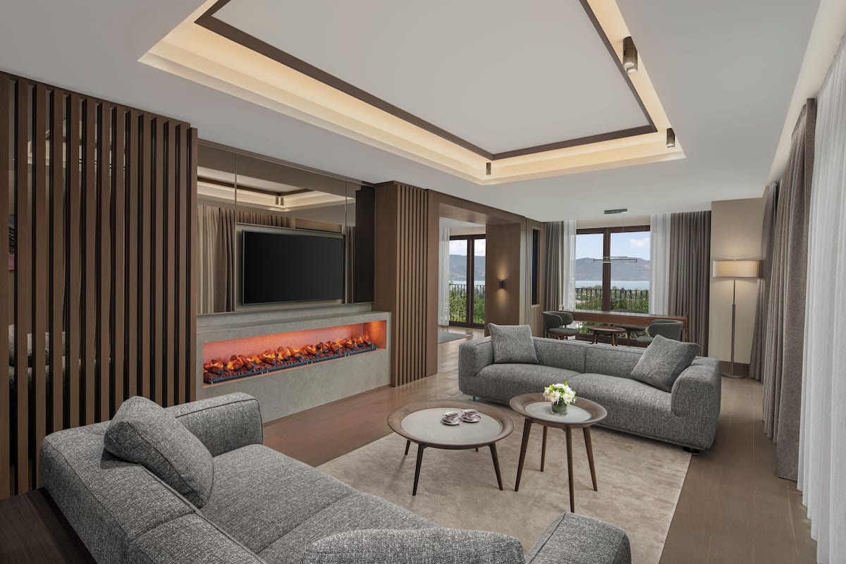 Ein modernes Wohnzimmer mit Kamin, grauen Sofas und einem Flachbildfernseher.