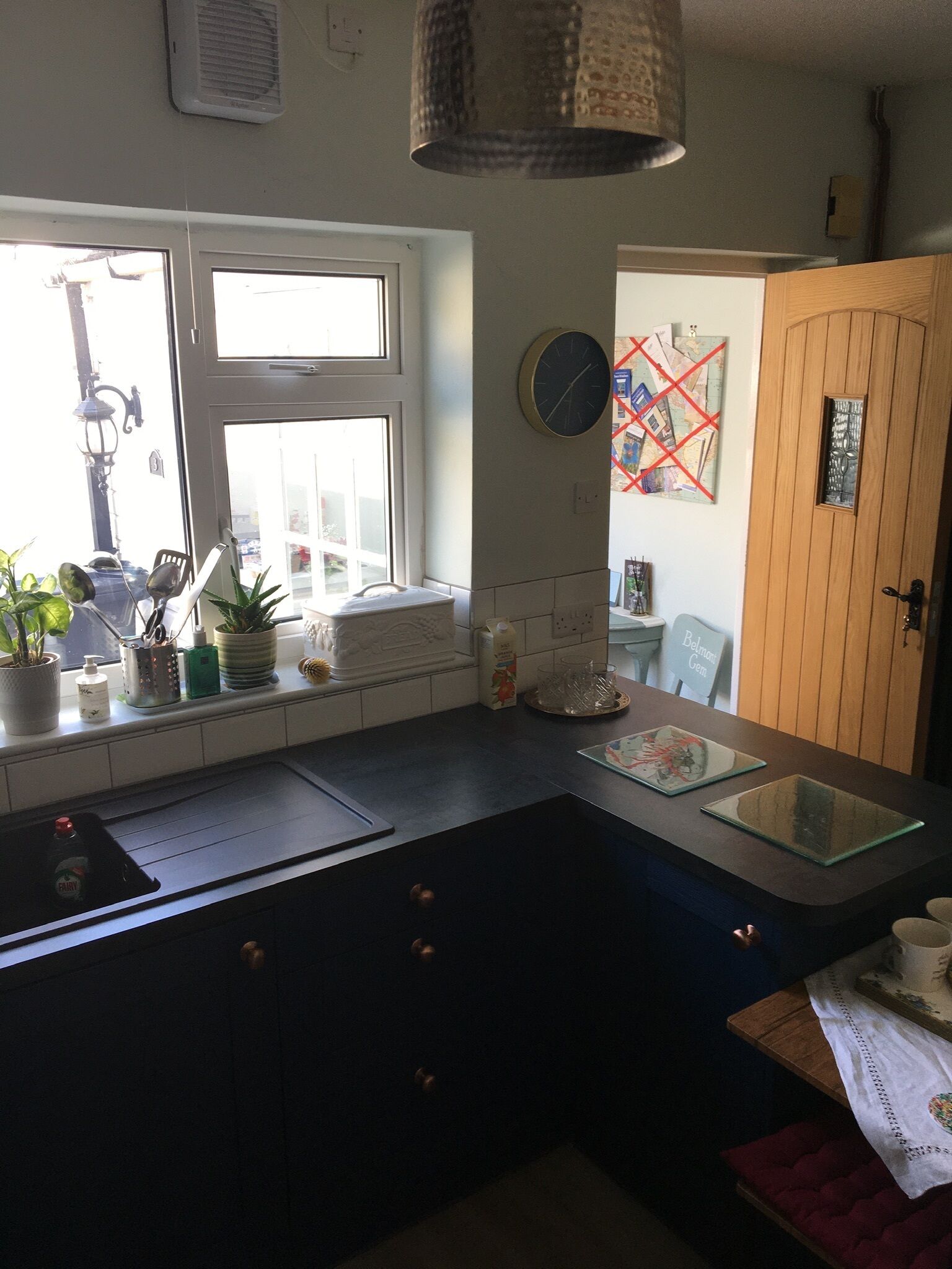 Fridge, oven, electric kettle, toaster