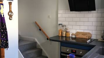 Fridge, oven, electric kettle, toaster