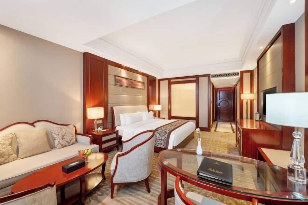 Una habitación de hotel con una cama, un sofá, un escritorio con lámpara, una silla y un televisor.