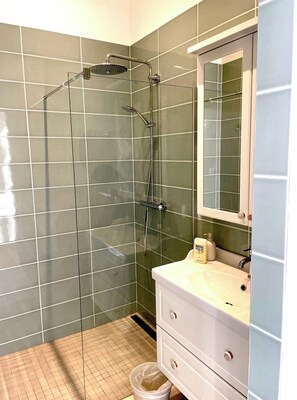 Shower, hair dryer, towels, soap
