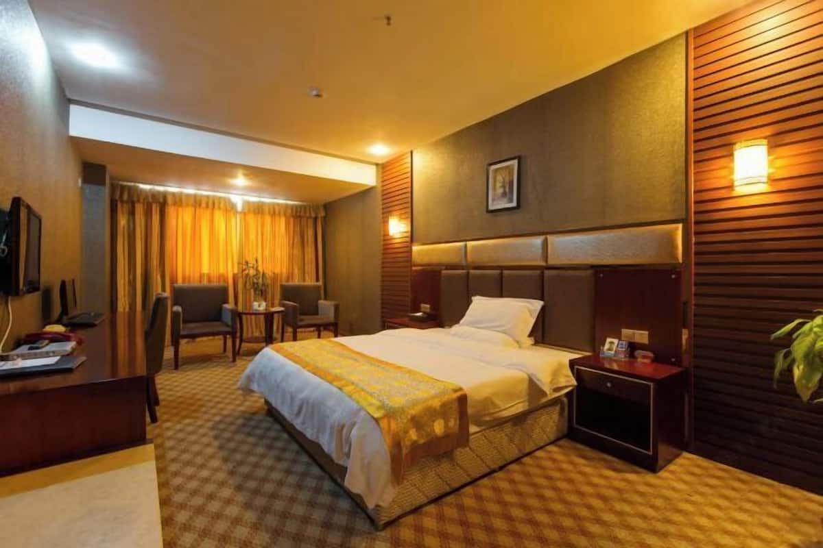 Une chambre d’hôtel avec un grand lit, un bureau, une chaise et un téléviseur.
