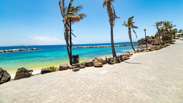 A paved beachfront walkway with palm trees and a clear view of the ocean. - La Pituca Apartment (Playa Blanca)