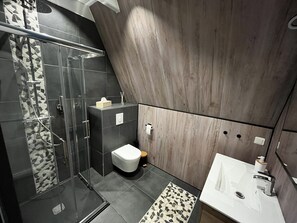 Dusche, Haartrockner, Handtücher, Seife